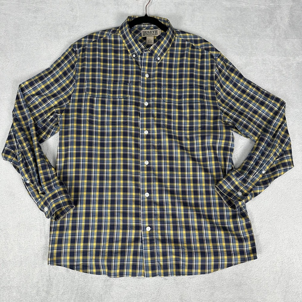 Duluth Trading Co Shirt Mens Large Blue Yellow Duluth Untucked Plaid Long Sleeve